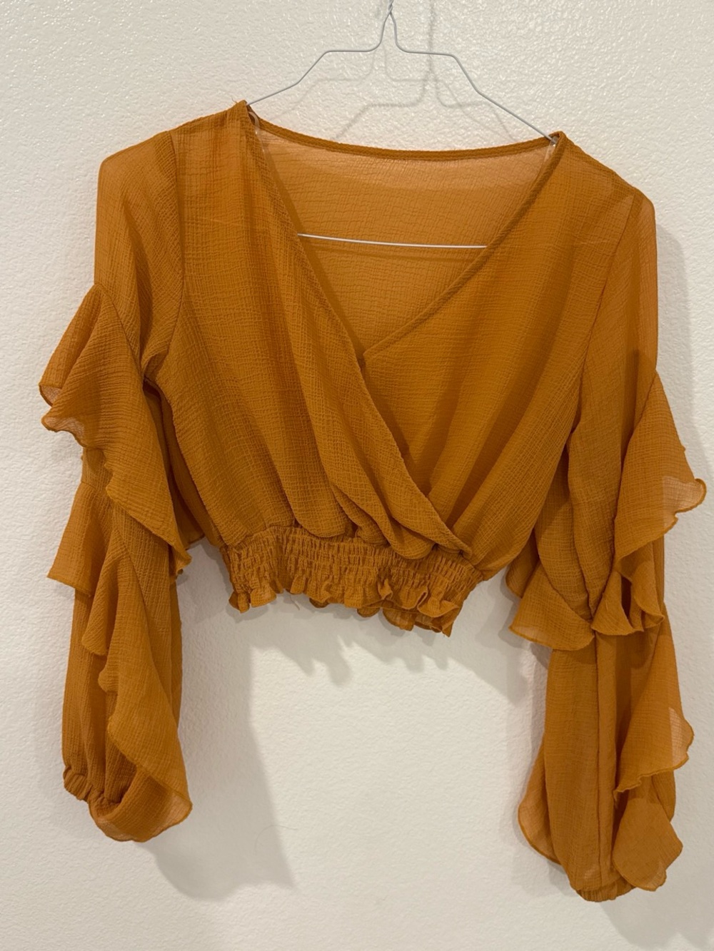 Women's Ruffle-Sleeve Cropped Wrap Top - Mustard